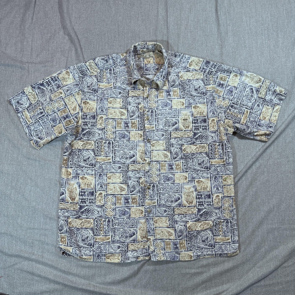 Batik Bay Shirt‎ Mens Large Blue Beige Fish Print Hawaiian Button Up 90s Style